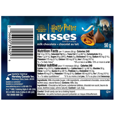 Hershey's Kisses Harry Potter Sorting Hat Cane, Milk Chocolate, 50g/1.75 oz. Tube, nutrition & ingredients label