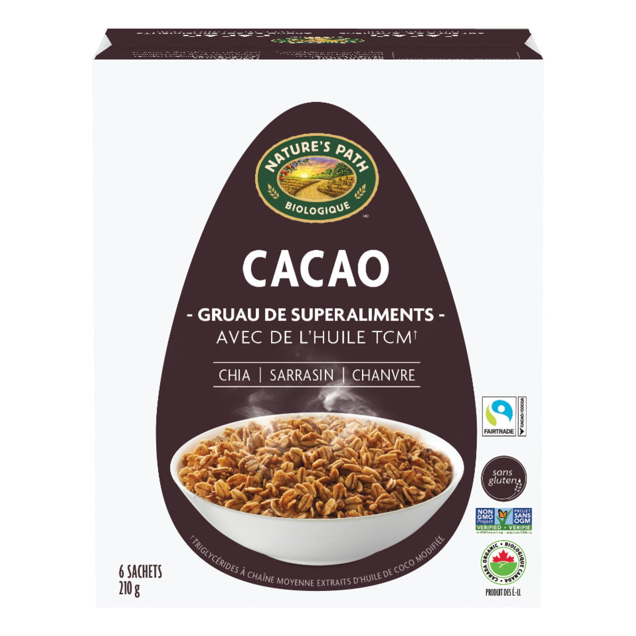 Nature's Path Cacao Superfood Oatmeal with Chia, Buckwheat, and Hemp, 6 packets, 210g/7.3 oz. Box {Imported from Canada}