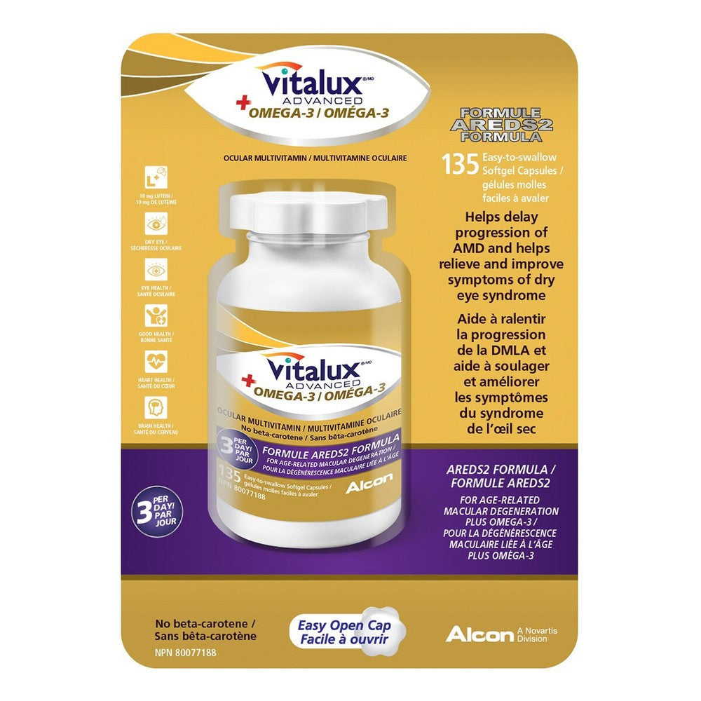 Vitalux Advanced Plus Omgea-3 OCULAR MULTIVITAMIN (No beta-carotene), 135 easy-to-swallow softgel capsules (3pk)