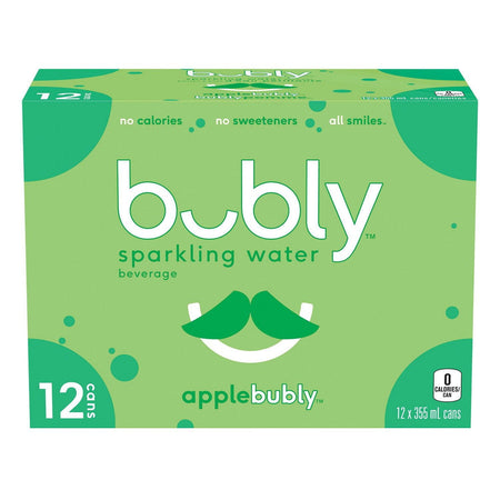 Front of Bubly Apple Sparkling Water Beverage, 12x355ml cans, 4.26L/144 oz