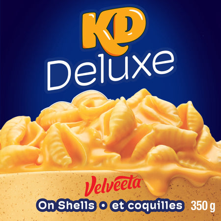 KD Kraft Dinner Deluxe Velveeta On Shells, Rich And Creamy Mac & Cheese, 350g/12.3 oz., front of box.