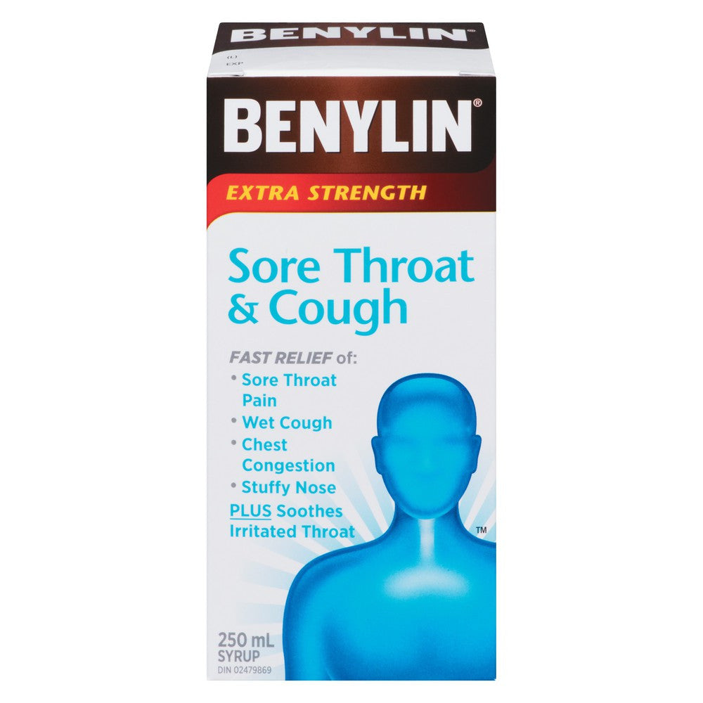 Benylin Extra Strength Sore Throat & Cough Syrup, 250mL/8.75 fl. oz. Bottle {Imported from Canada}