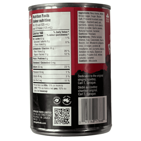 Sprague The Original Cowboy Baked Beans, Ready to Eat, 398ml/13.5 oz., Can, side of can with upc number.