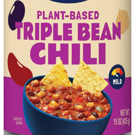 Sprague Cannery Plant-Based Triple Bean Bean Chili, Ready to Eat, 425g/15 oz., Can, triple bean chili label.