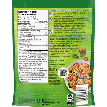 Knorr Sidekicks Marinara back of Pouch