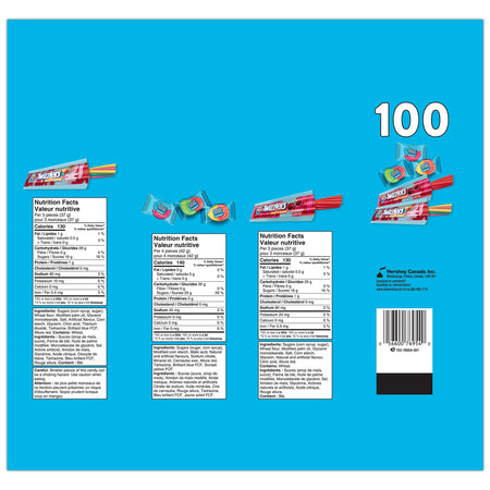 Hershey's Halloween Assorted Peanut Free Jolly Rancher and Twizzlers Mix, 100ct., 1.17kg/2.6 lbs., Bag, nutrition facts and ingredients labels.