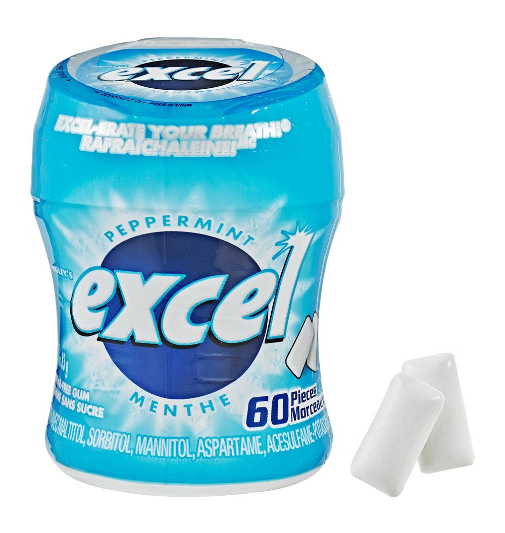 Excel Sugar-Free Gum, Peppermint, 60pc Bottle, 6 Count, {Imported from Canada}