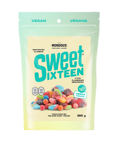 Mondoux Sweet Sixteen Vegan Sour Mix Gummies, 350g, front of bag.