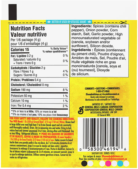 Old El Paso Smart Fiesta Reduced Sodium Taco Seasoning Mix, 24g/0.8 oz., {Imported from Canada}