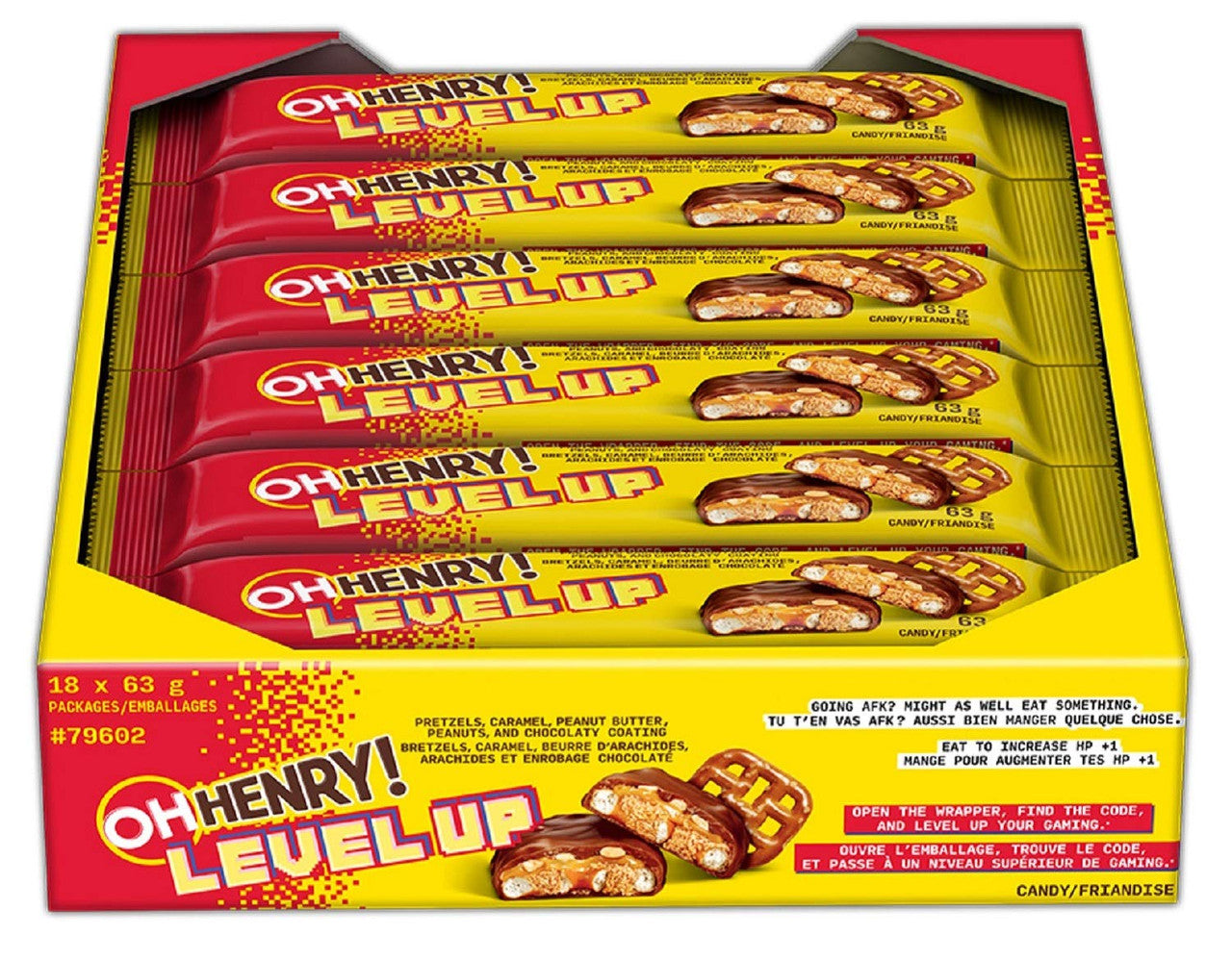 Oh Henry! Level Up – Chocolatey, Peanut Butter, Caramel & Pretzel Filled Candy Bars, 63g (Bulk Box of 18) {Imported from Canada}