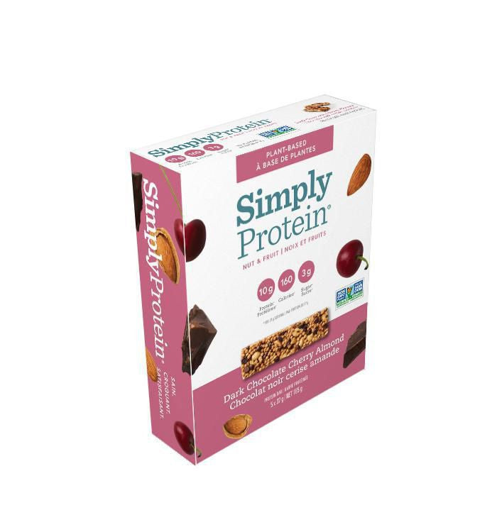 Simply Protein Dark Chocolate Cherry Almond Nut & Fruit Bars 5 x 37g Box, {Imported from Canada}