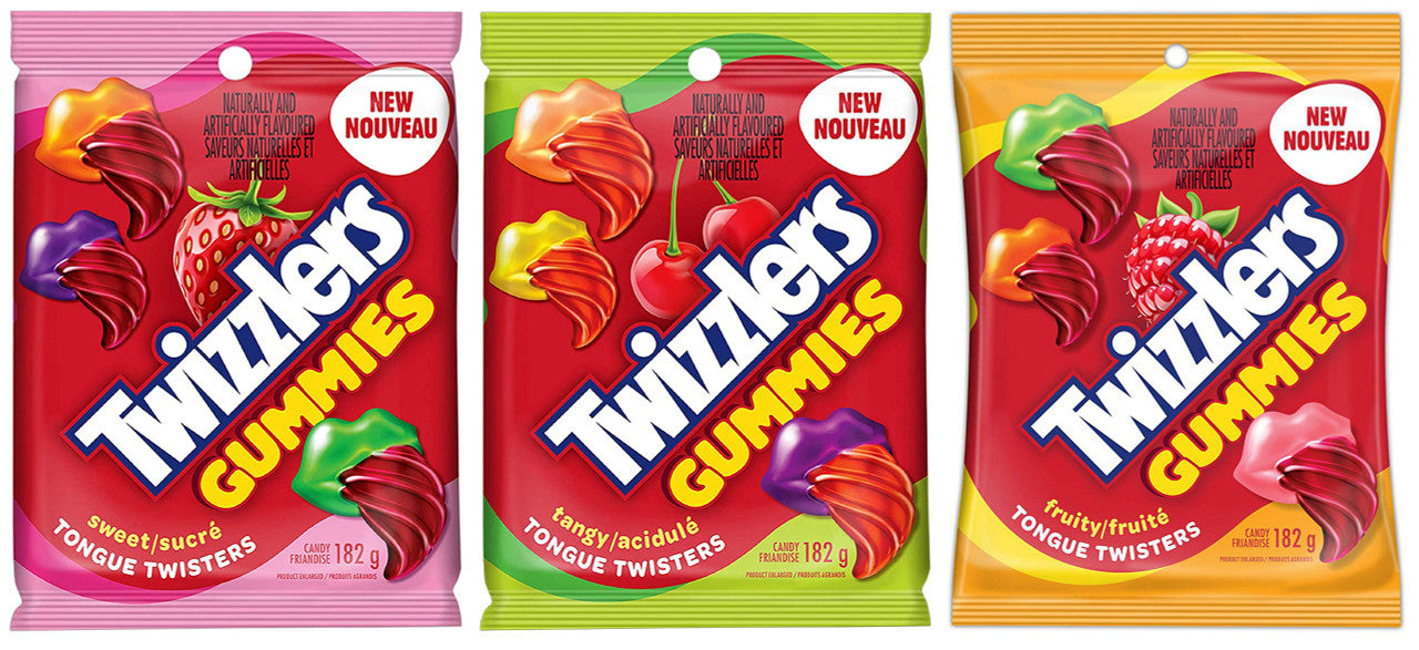 Twizzlers Gummies, Tongue Twisters, 3 Variety Pack Value Bundle, Sweet, Tangy, Fruity Flavors (182g/6.4 oz. per package) {Imported from Canada}
