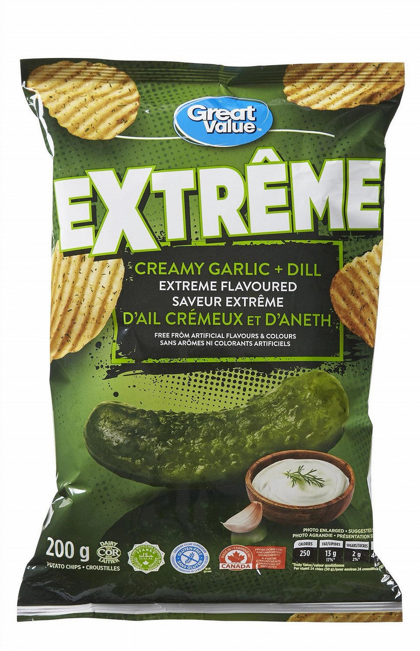 Great Value, Gluten Free Creamy Garlic and Dill Extreme Flavoured Rippled Chips, 200g/7oz. (Imported from Canada)