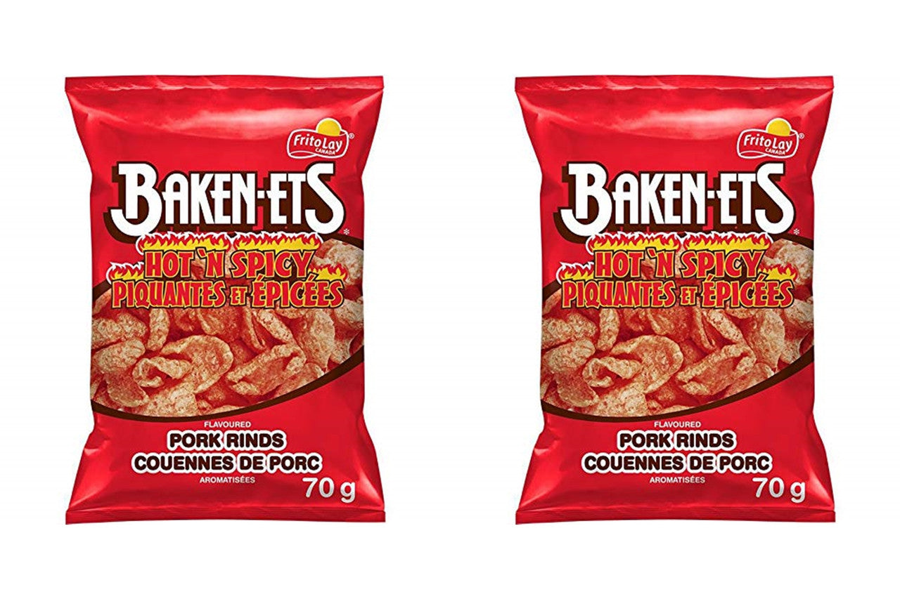 Baken-ets Hot & Spicy Pork Rinds, 70g/2.5oz bags (2 Pack) {Imported from Canada}