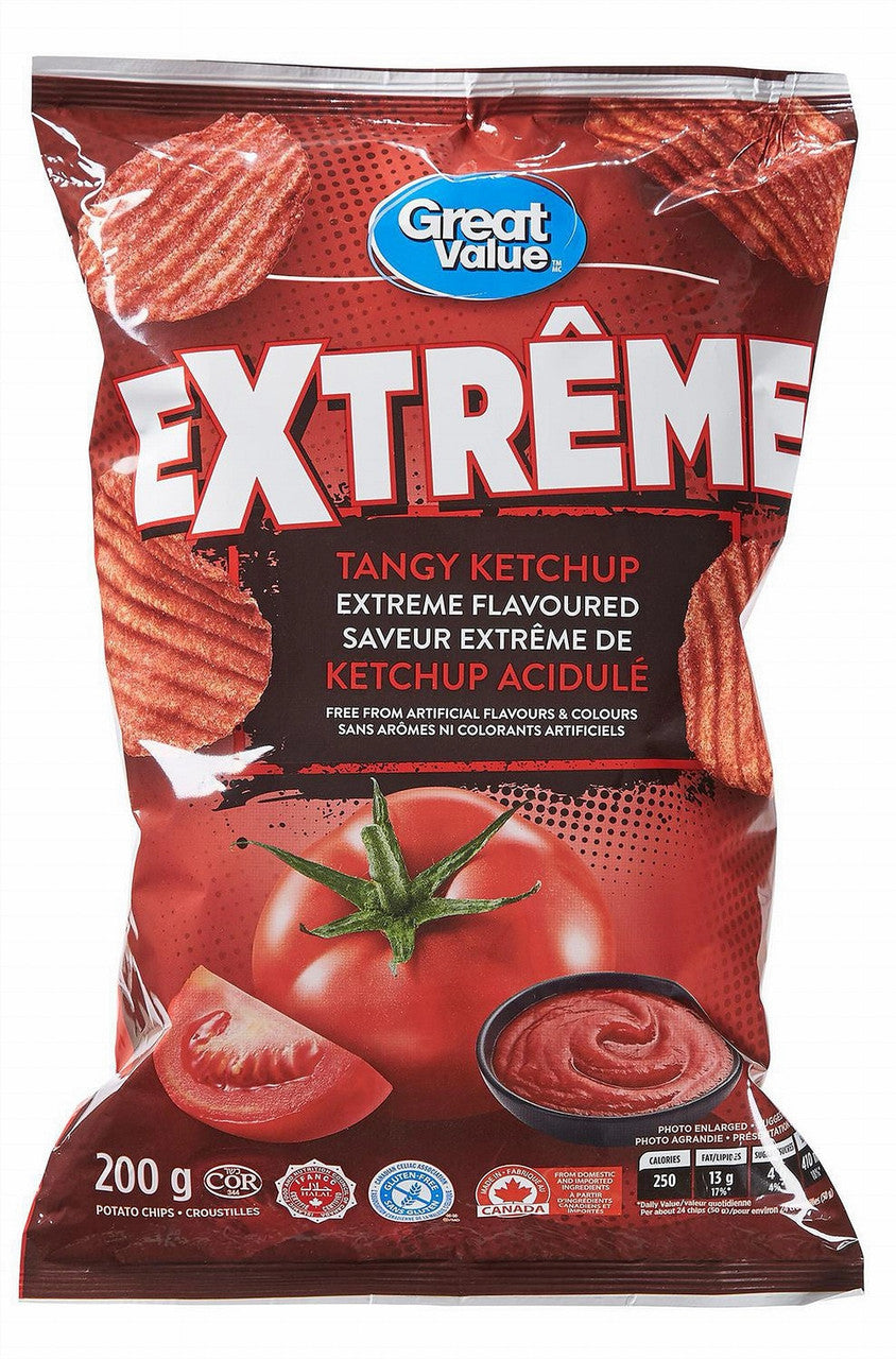 Great Value, Gluten Free Tangy Ketchup Extreme Flavoured Rippled Chips, 200g/7oz. (Imported from Canada)