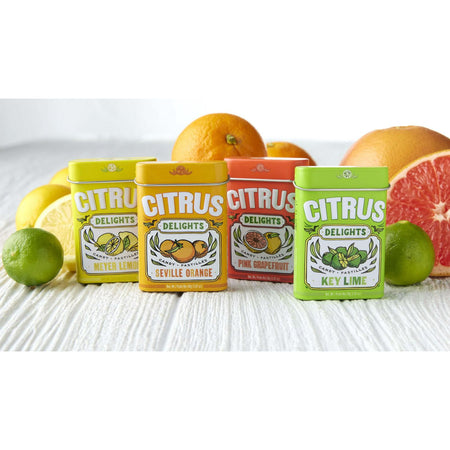 Citrus Delights Candy Pastilles, Mayer Lemon Flavor, 30g/1.07 oz. Tin, different flavors of citrus delights pastilles.