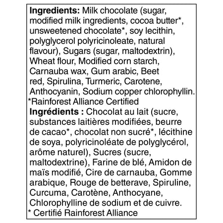 Ingredients label of Nestle Smarties Chocolates, Snack Size Packet, 130g/4.6 oz. Bag