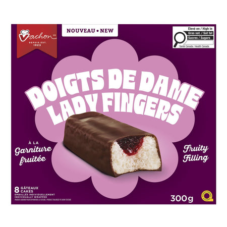Packaging of lady fingers with a fruity filling on a purple background