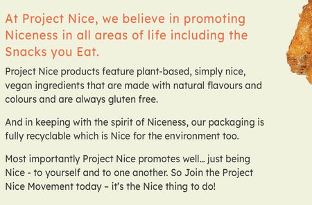 Project Nice Black Bean Veggie Snacks, Sweet & Spicy BBQ Flavor, 170g/6 oz., Bag, project nice introduction label.