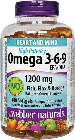 Webber Naturals Omega 3-6-9 High Potency 1200 mg  Fish, Flax & Borage, 180 Softgels