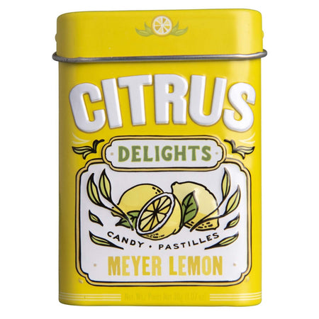 Citrus Delights Candy Pastilles, Mayer Lemon Flavor, 30g/1.07 oz. Tin, front of tin.