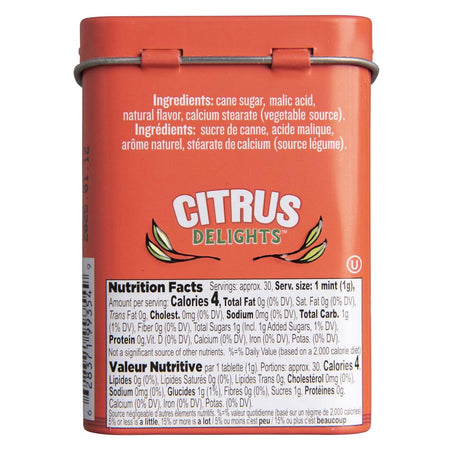 Citrus Delights Candy Pastilles, Mayer Lemon Flavor, 30g/1.07 oz. Tin, back of tin.