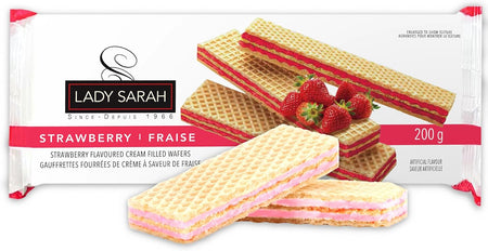 Lady Sarah Strawberry Flavored Cream Filled Wafers, 200g, front of package.