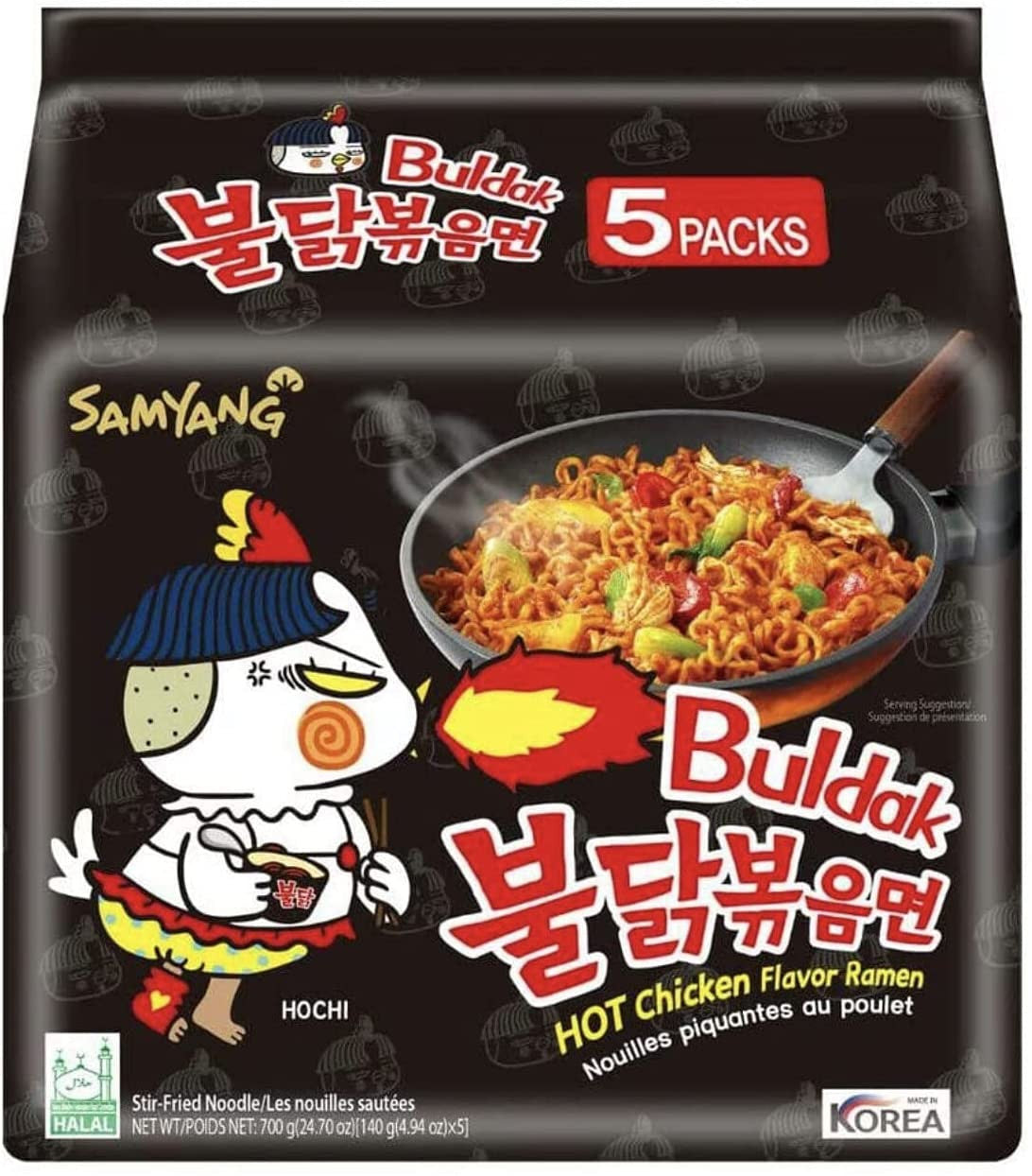 Samyang Buldak Korean Artificial Hot Spicy Chicken Stir-Fried Ramen Noodles, 700g/24.7 oz. (5 x 140g/4.9 oz.), Bag {Imported from Canada}