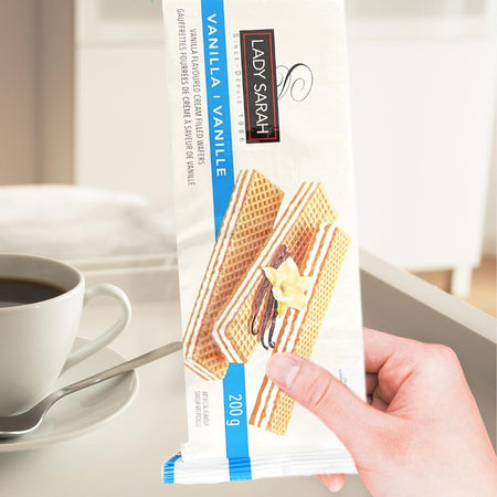 Lady Sarah Vanilla Flavored Cream Filled Wafers, 200g, front of package.