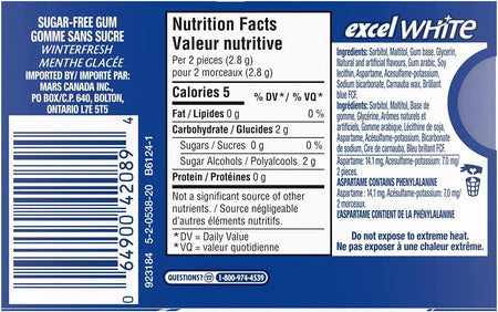 Excel White Sugar Free Gum Winterfresh, 18 pieces, 3-pack {Imported from Canada}
