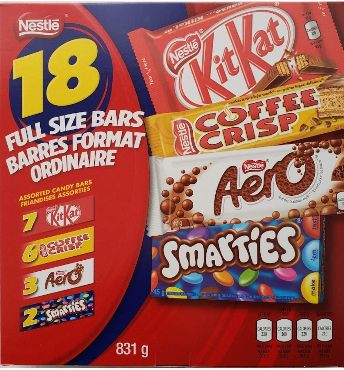 Nestle Full Size Assorted Chocolates Bars, Coffee Crisp, Kit Kat, Smarties, Aero, 18ct, Variety Pack, 831g/1.8 lbs. Box {Imported from Canada}