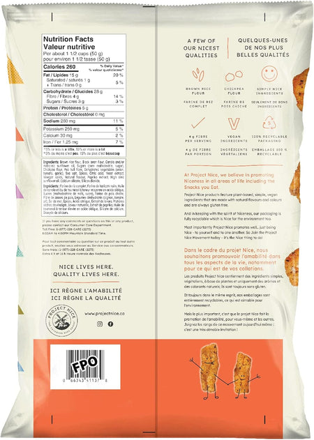 Project Nice Black Bean Veggie Snacks, Sweet & Spicy BBQ Flavor, 170g/6 oz., Bag, back of bag.