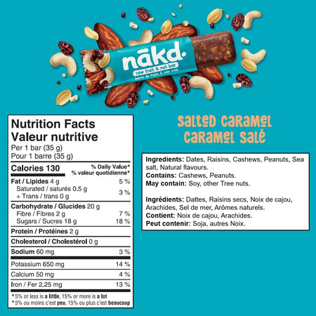 Nakd. Salted Caramel Bars Ingredients & Nutrition Labels