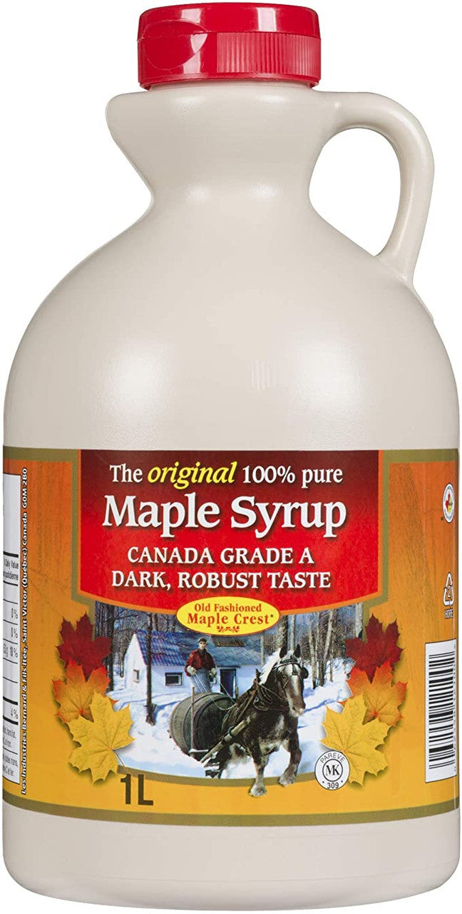 Old Fashioned Maple Crest, Canada Grade A Dark Robust Taste Maple Syrup, 1 L/35 fl. oz. Jug {Imported from Canada}