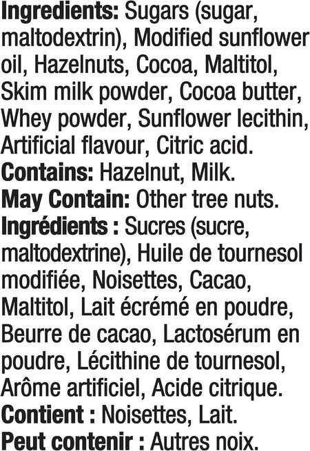 List of ingredients for Kraft Hazelnut Spread, 45% Less Sugar, 725g and allergens on a food label
