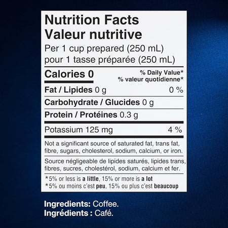 Nutrition facts label for Lavazza Crema E Gusto K-Cup Pods, Medium Roast Coffee, Full-Bodied, 621g/21.9 oz with a blue background