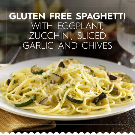 Le Veneziane Gluten Free Corn Spaghetti Pasta, 250g/8.8 oz. Package, prepared pasta dish.