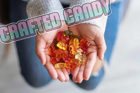 Crafted Candy Gummy Bears Candy 100g, gummies in hands.