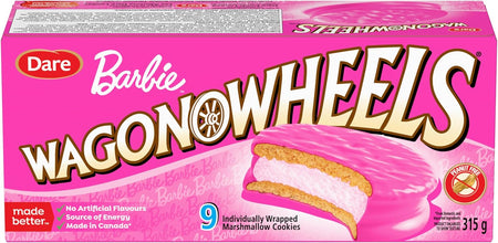 Front of Wagon Wheels Barbie Pink Chocolate Covered Marshmallow Cookies - 9ct, 315g/11.1 oz with pink and white design.