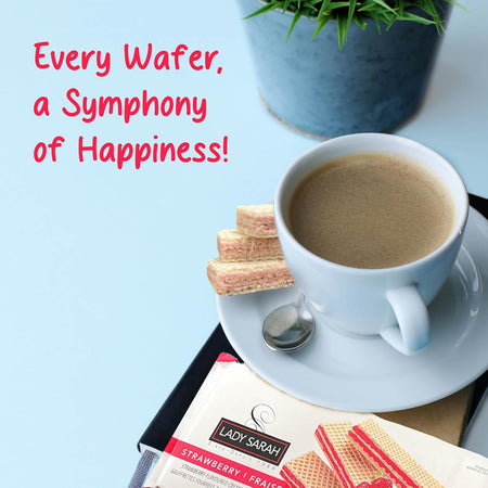 Lady Sarah Strawberry Flavored Cream Filled Wafers, 200g, strawberry wafers  and coffee.