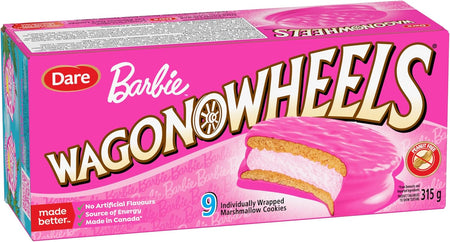 Box of Barbie Wagon Wheels marshmallow cookies with pink and gold design.