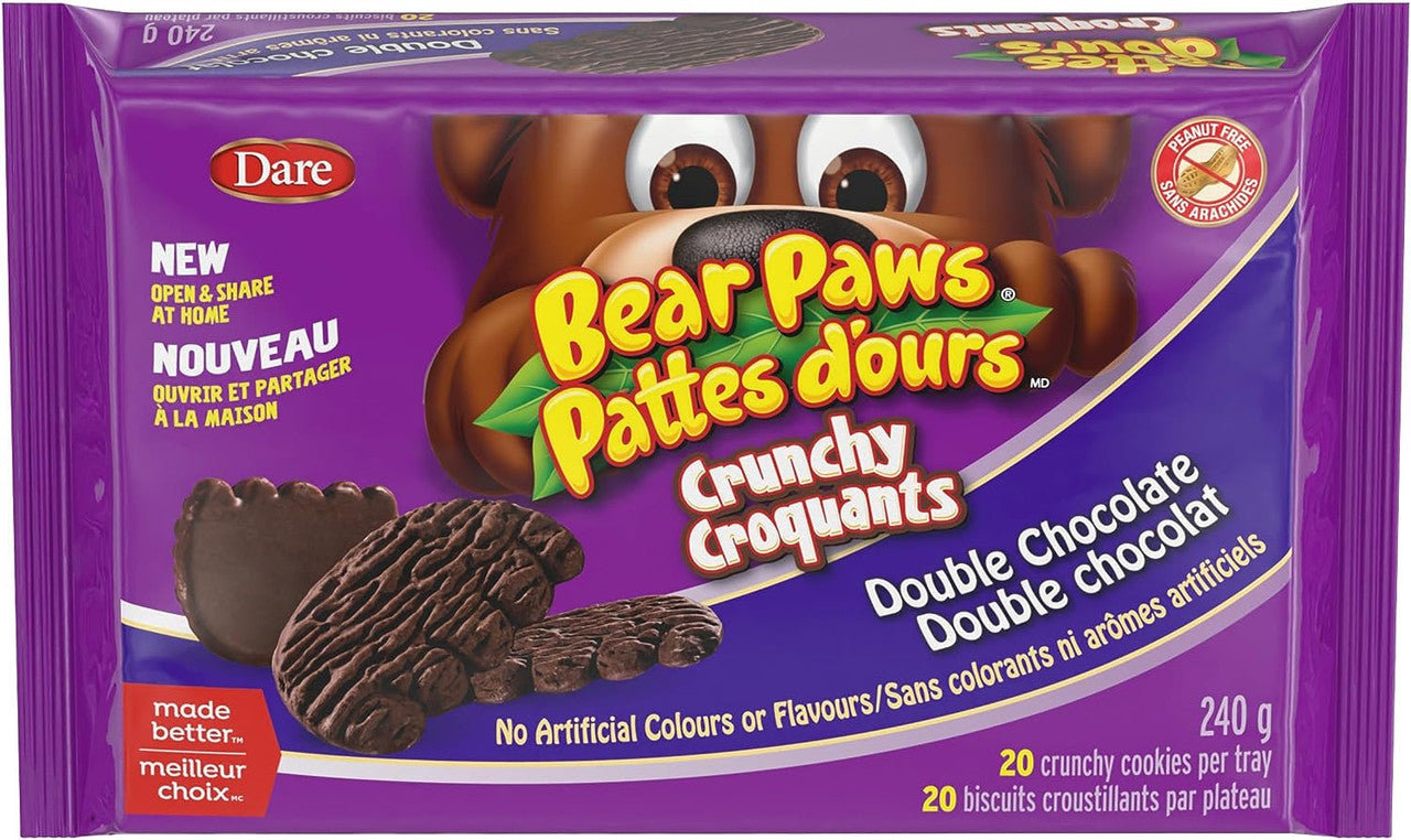 Dare Bear Paws Crunchy Double Chocolate Cookies, 240g/8.4 oz, 1 Box {Imported from Canada}