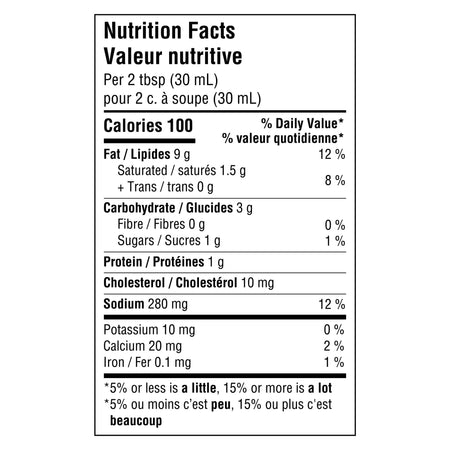 Kraft Creamy Caesar Dressing 425ml/14.4 oz., Bottle, nutrition facts label