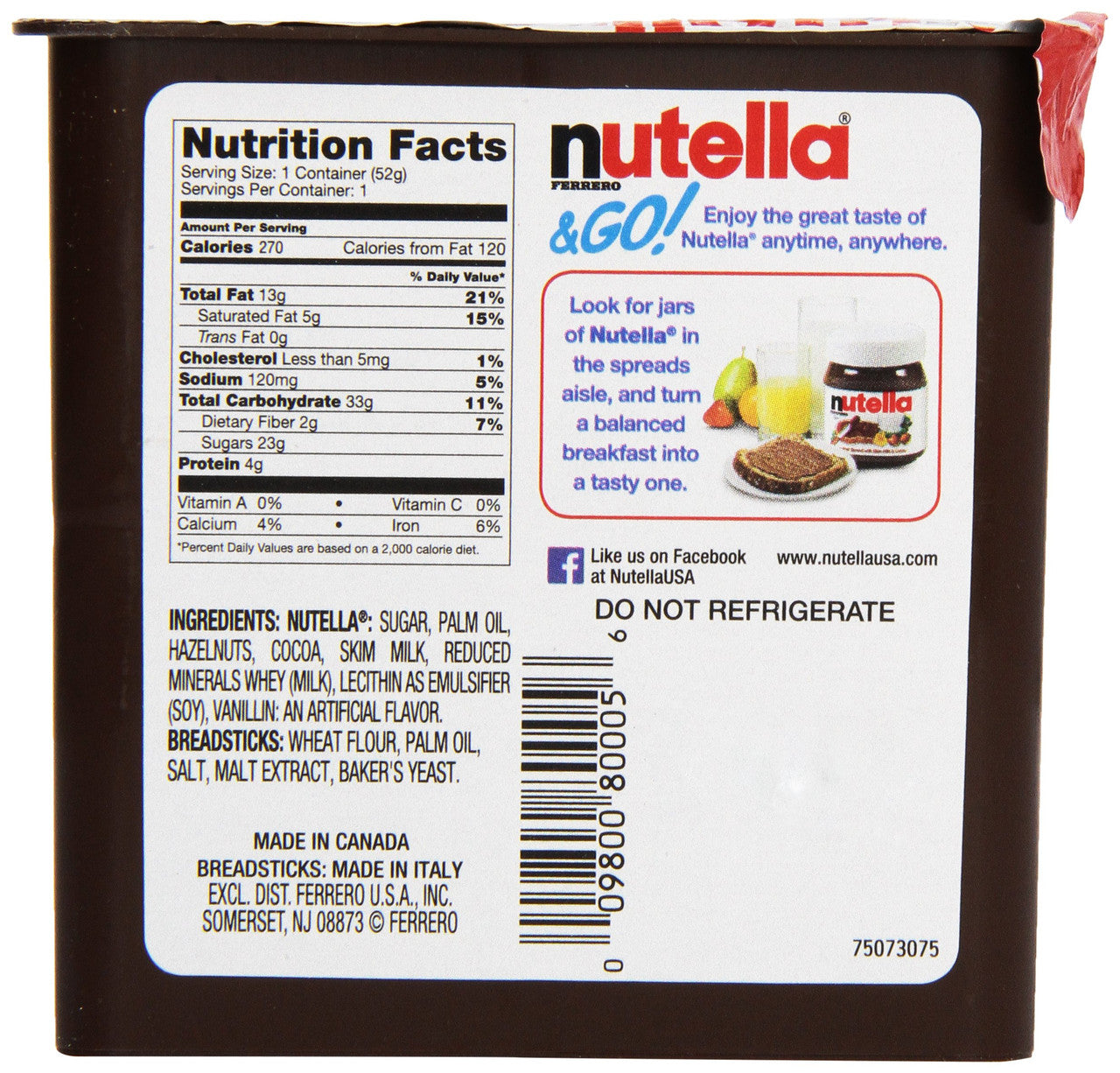 Nutella and Go Snack Packs, Chocolate Hazelnut Spread with Breadsticks, 24ct, 52g/1.8 oz per pack, {Imported from Canada}
