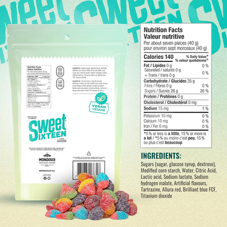 Mondoux Sweet Sixteen Vegan Sour Gummies, 350g, picture of gummy bag with nutrition and ingredients label.