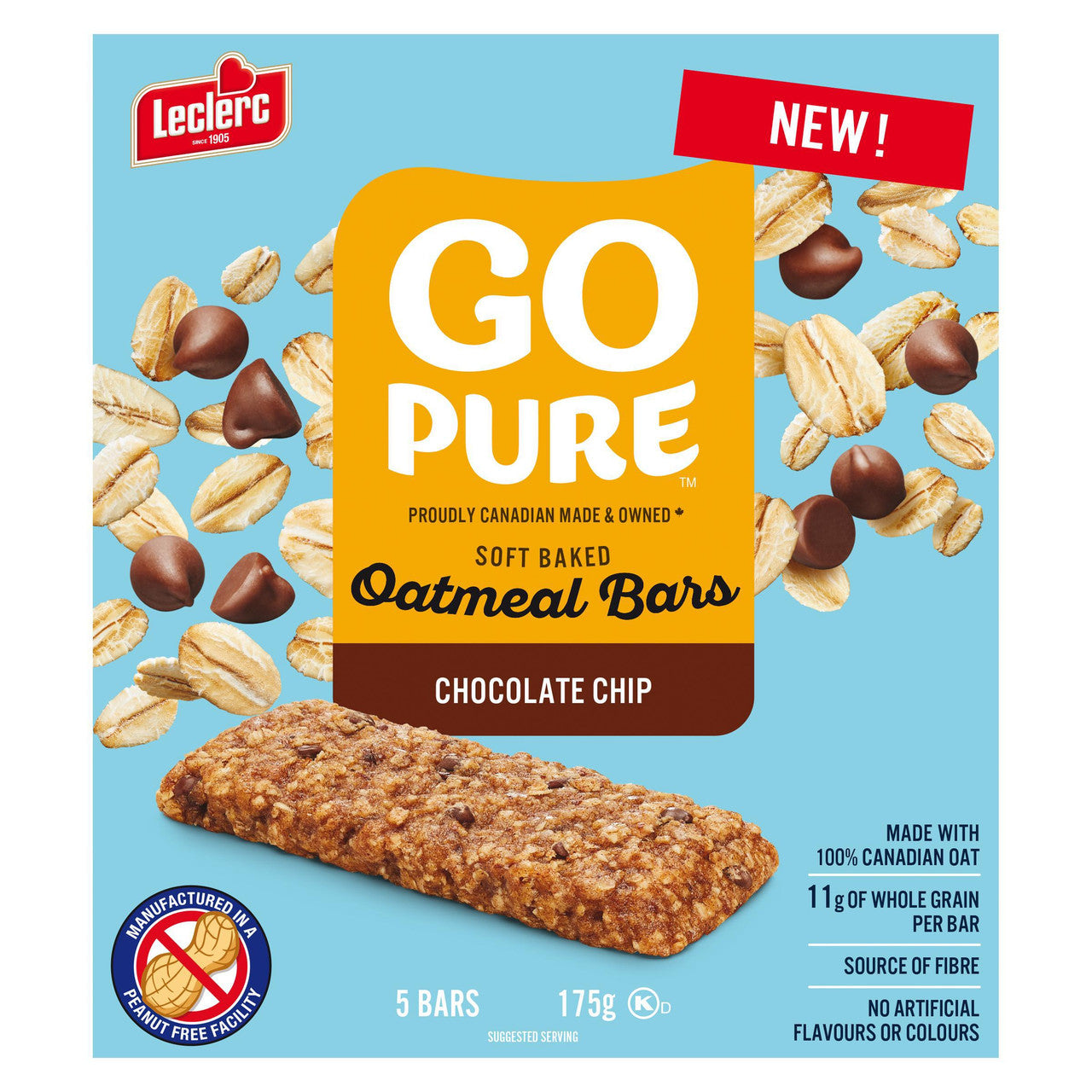 Leclerc Go Pure Chocolate Chip Soft Baked Oatmeal Bars, 175g/6 oz. Box {Imported from Canada}