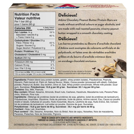 Atkins Protein Bars, Chocolaty Peanut Butter, 2g Sugar, 5-Count, {Imported from Canada}