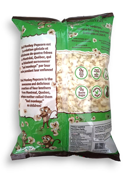 Bad Monkey L' Original Salt and Butter Popcorn, 300g, back of bag.
