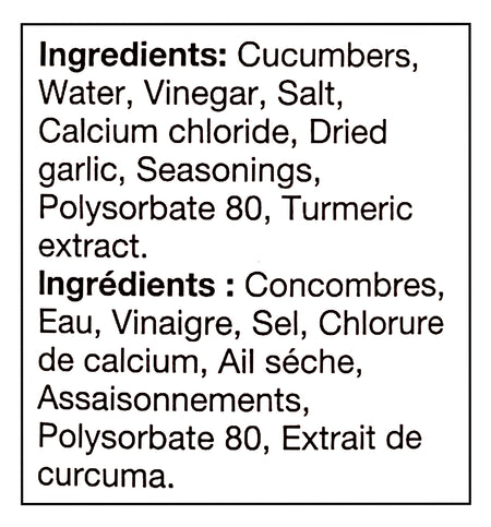 List of ingredients for Bick's Jar Of Premium Garlic Baby Dills Pickles, 2L/70.5 fl oz on a white background