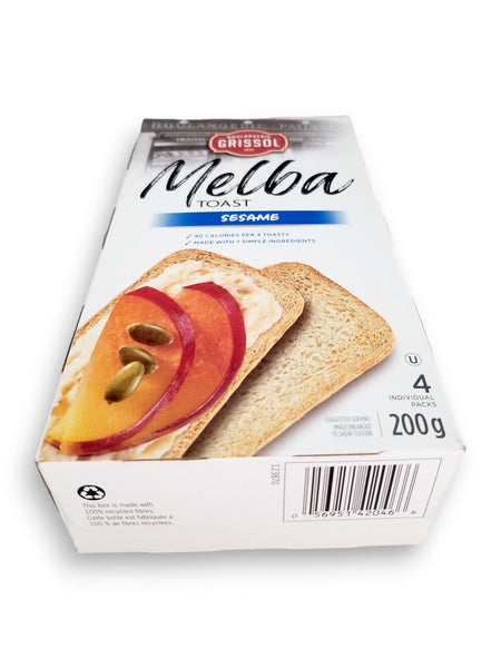 Boulangerie Grissol Melba Toast, Sesame, 200g, bottom of box with upc.